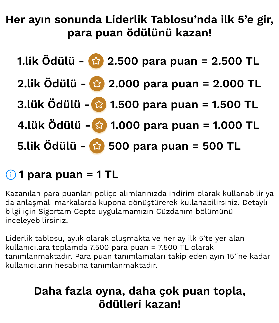 Ödüller: her ayın sonunda liderlik tablosunda ilk 5'e girenlere 2.500'den 500'e kadar para puan; 1 para puan = 1 TL.